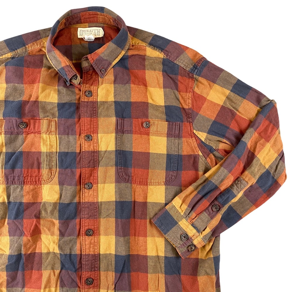 Duluth Trading Co Mens XL Free Swingin Flannel Shirt Orange Plaid Workwear 52007